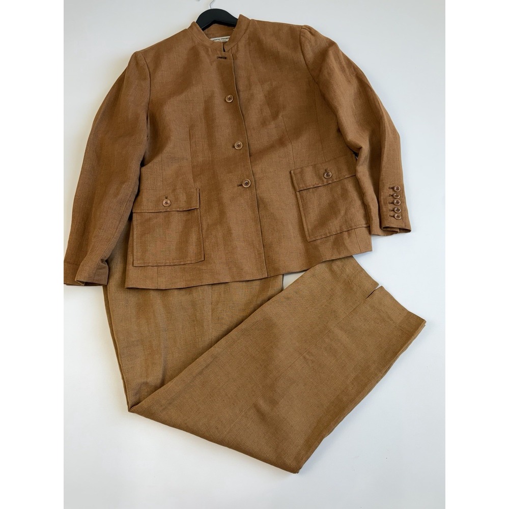 Vtg Valerie Stevens Linen Blend 2 Piece Pants Suit Brown Sz 14 Blazer 16 Pants